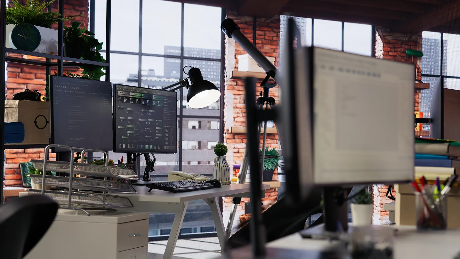 Arbeitsplatz bei Code & Canvas: Bildschirm mit Code im Agentur-Büro
